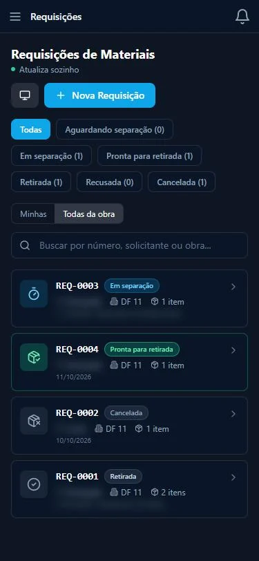 Requisições de material no celular
